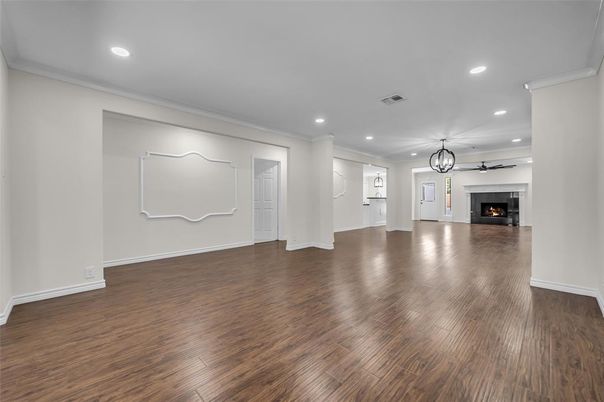 Empty room, Fireplace, Interior, Recessed Lighting, Wood Texture Flooring