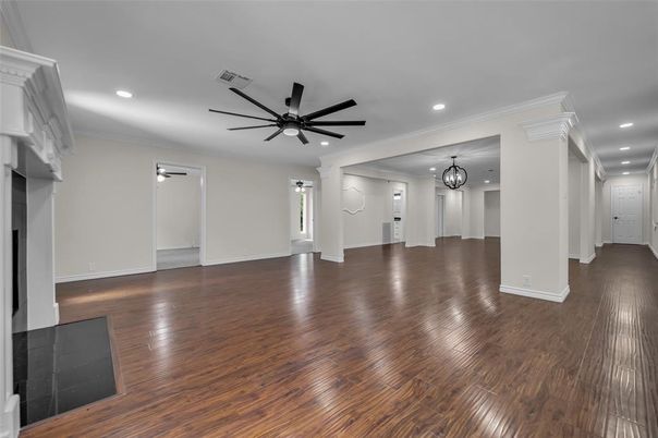 Chandelier, Empty room, Interior, Recessed Lighting, Wood Texture Flooring