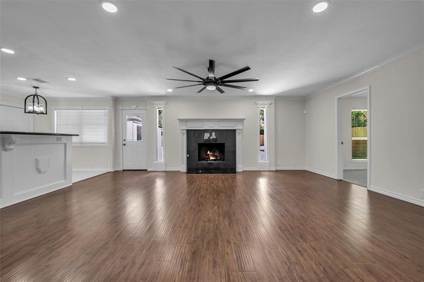 Empty room, Fireplace, Interior, Recessed Lighting, Wood Texture Flooring