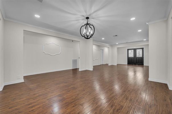Empty room, Interior, Pendant Lights, Recessed Lighting, Wood Texture Flooring