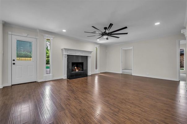 Empty room, Fireplace, Interior, Recessed Lighting, Wood Texture Flooring