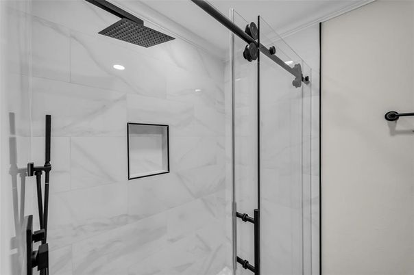 Bathroom, Glass Shower, Interior, Marble Walls, Recessed Lighting