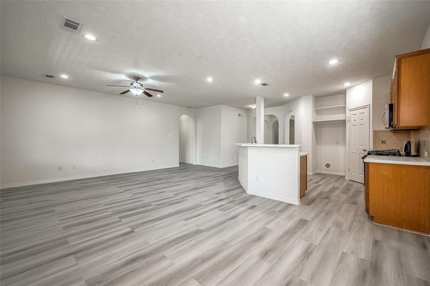 Empty room, Interior, Kitchen, Recessed Lighting, Wood Texture Flooring
