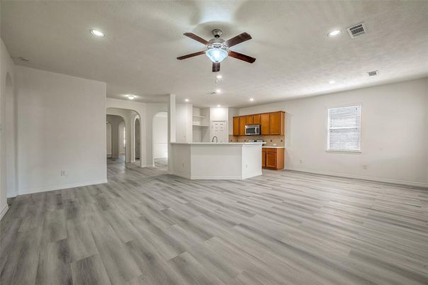 Empty room, Interior, Kitchen, Recessed Lighting, Wood Texture Flooring