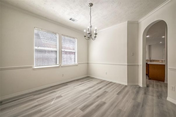Chandelier, Empty room, Interior, Recessed Lighting, Wood Texture Flooring