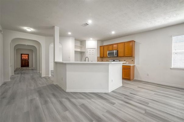Interior, Kitchen, Recessed Lighting, Wood Texture Flooring