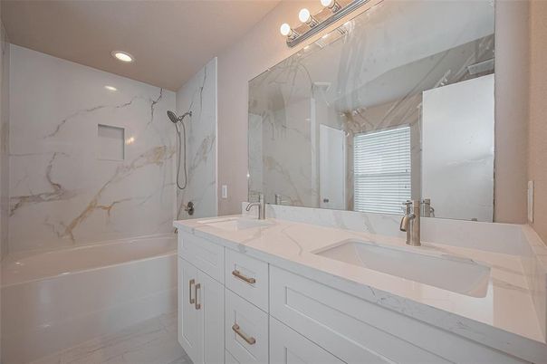 Bathroom, Dual Sink Vanities, Interior, Marble Walls, Recessed Lighting