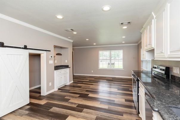 Interior, Kitchen, Recessed Lighting, Wood Texture Flooring