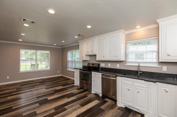Interior, Kitchen, Recessed Lighting, Stainless Steel Appliances, Wood Texture Flooring