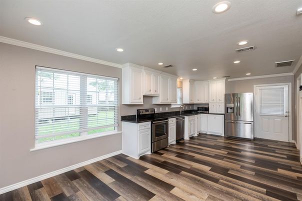 Interior, Kitchen, Recessed Lighting, Stainless Steel Appliances, Wood Texture Flooring
