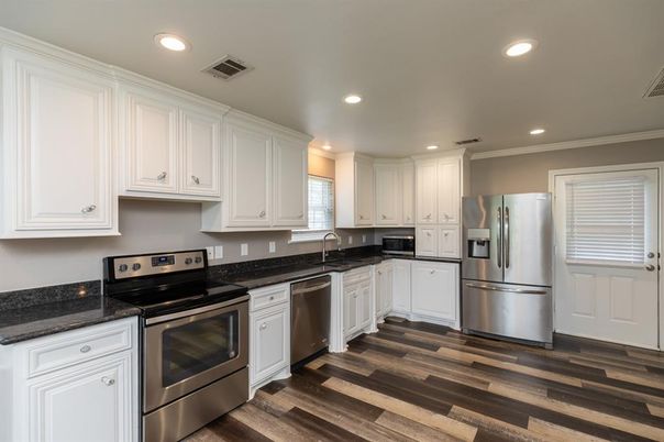 Interior, Kitchen, Recessed Lighting, Stainless Steel Appliances, Wood Texture Flooring