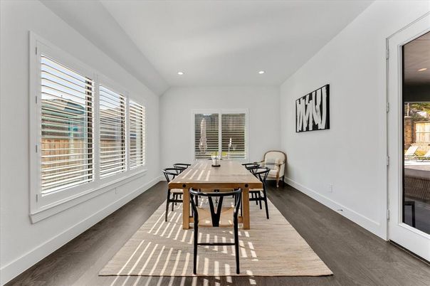 Dining room, Interior, Recessed Lighting, Wood Texture Flooring