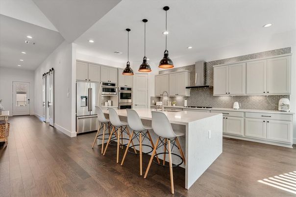 Interior, Kitchen, Pendant Lights, Recessed Lighting, Stainless Steel Appliances, Wood Texture Flooring