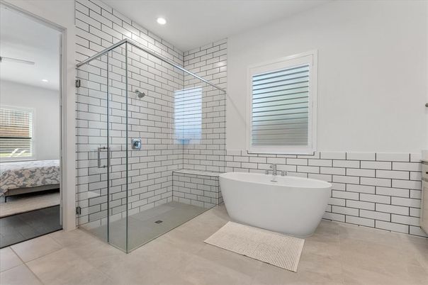 Bathroom, Free Standing Baths, Glass Shower, Interior, Recessed Lighting