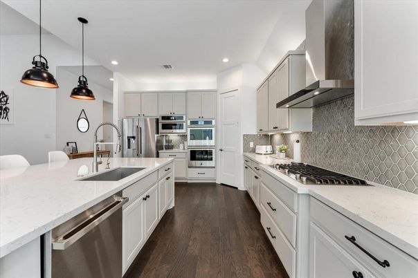 Interior, Kitchen, Pendant Lights, Recessed Lighting, Stainless Steel Appliances, Wood Texture Flooring