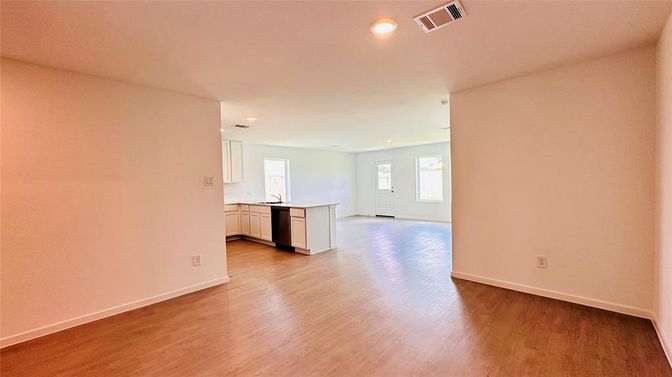 Empty room, Interior, Kitchen, Recessed Lighting, Wood Texture Flooring