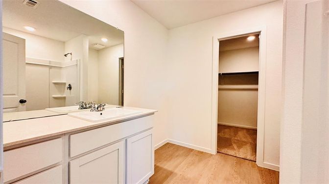 Bathroom, Dual Sink Vanities, Interior, Recessed Lighting, Walk-in Closets, Wood Texture Flooring