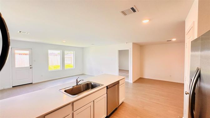 Empty room, Interior, Kitchen, Recessed Lighting, Wood Texture Flooring