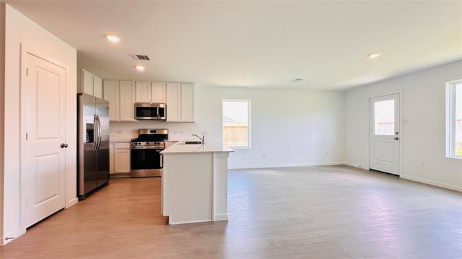 Interior, Kitchen, Recessed Lighting, Stainless Steel Appliances, Wood Texture Flooring