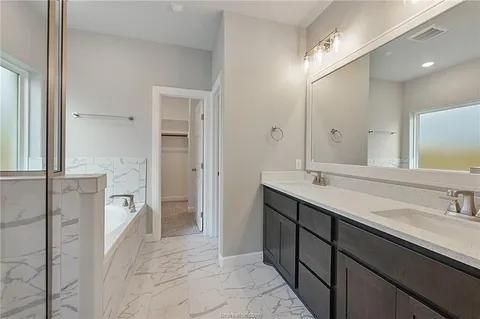 Bathroom, Dual Sink Vanities, Interior, Marble, Recessed Lighting