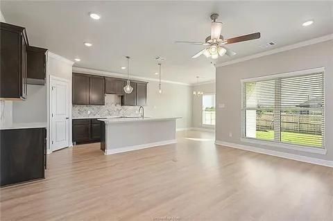 Chandelier, Empty room, Interior, Kitchen, Pendant Lights, Recessed Lighting, Wood Texture Flooring