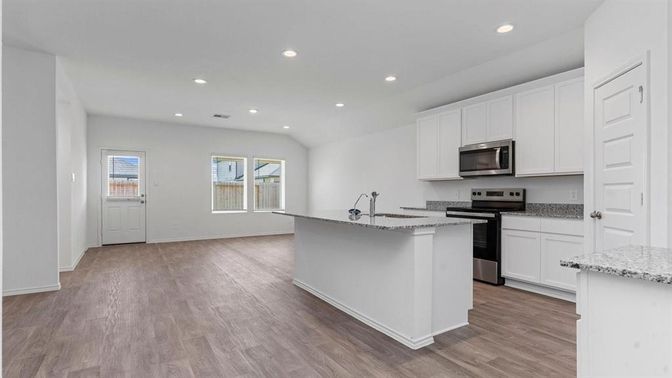 Interior, Kitchen, Recessed Lighting, Stainless Steel Appliances, Wood Texture Flooring