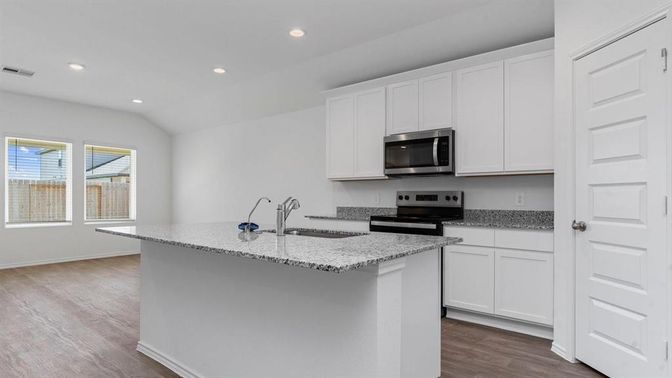 Interior, Kitchen, Recessed Lighting, Stainless Steel Appliances, Wood Texture Flooring