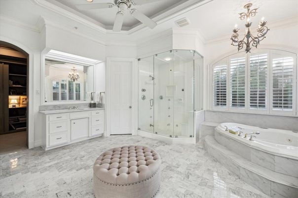 Bathroom, Chandelier, Glass Shower, Interior, Marble, Recessed Lighting