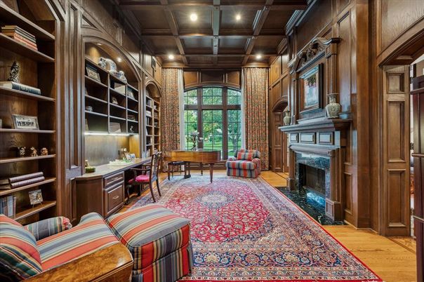 Fireplace, Home Office, Interior, Recessed Lighting, Wooden Beams, Wooden Ceilings, Wood Texture Flooring, Wooden Walls