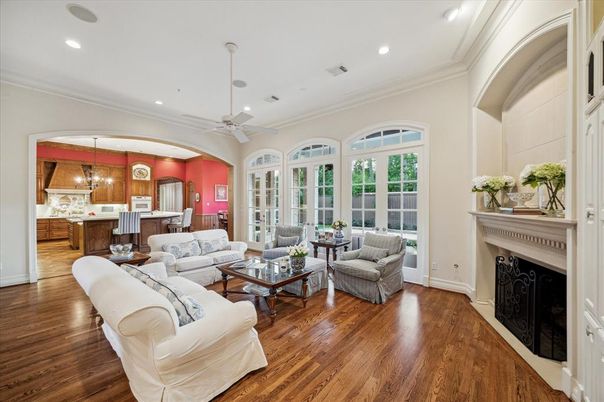 Fireplace, Interior, Living room, Pendant Lights, Recessed Lighting, Wood Texture Flooring