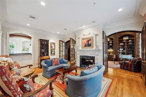 Fireplace, Interior, Living room, Recessed Lighting, Wood Texture Flooring