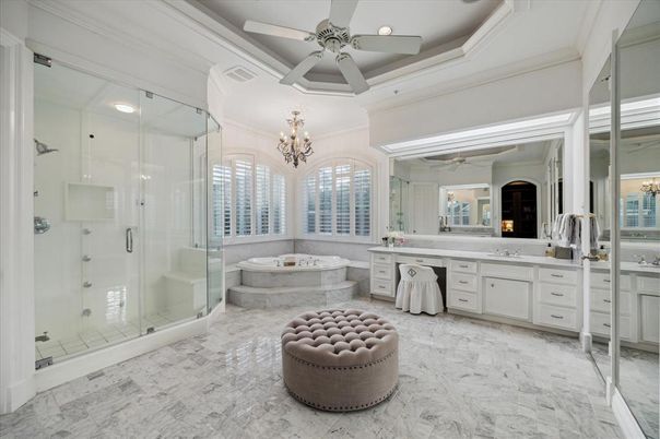 Bathroom, Chandelier, Dual Sink Vanities, Glass Shower, Interior, Marble, Recessed Lighting