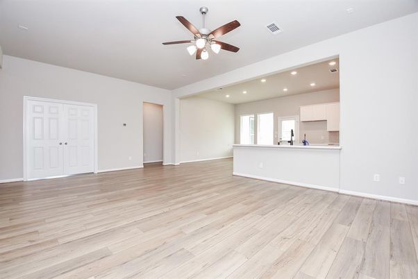 Empty room, Interior, Kitchen, Recessed Lighting, Wood Texture Flooring