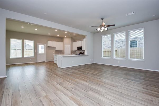 Empty room, Interior, Kitchen, Recessed Lighting, Wood Texture Flooring