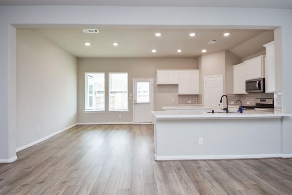 Empty room, Interior, Kitchen, Recessed Lighting, Wood Texture Flooring
