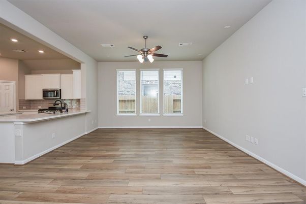 Empty room, Interior, Kitchen, Recessed Lighting, Wood Texture Flooring