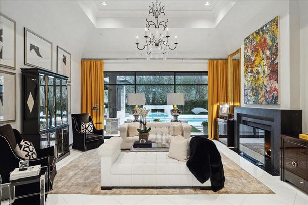 Chandelier, Fireplace, Interior, Living room, Recessed Lighting