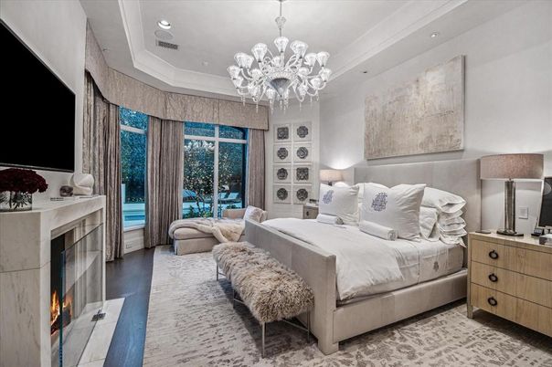 Bedroom, Chandelier, Fireplace, Interior, Recessed Lighting
