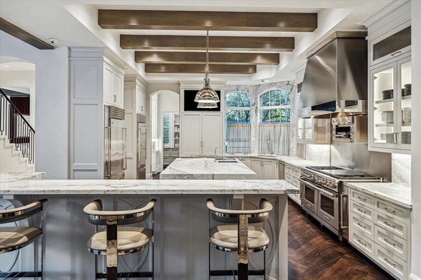 Interior, Kitchen, Pendant Lights, Stainless Steel Appliances, Wooden Beams, Wood Texture Flooring