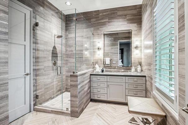 Bathroom, Glass Shower, Interior, Recessed Lighting, Wood Texture Flooring
