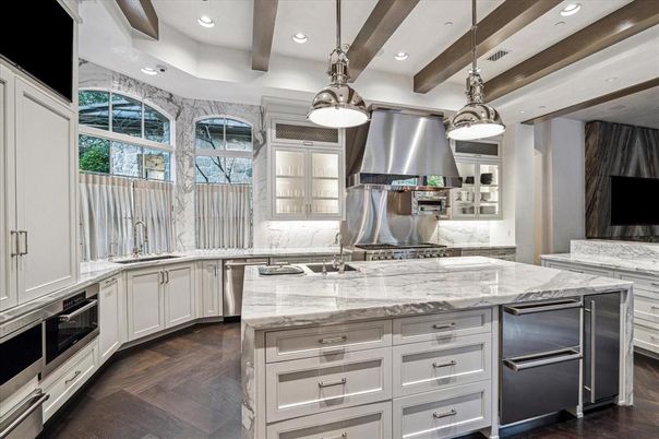 Interior, Kitchen, Pendant Lights, Recessed Lighting, Stainless Steel Appliances, Wooden Beams, Wood Texture Flooring