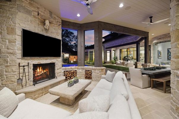 Dining room, Fireplace, Interior, Living room, Recessed Lighting, Stone Walls