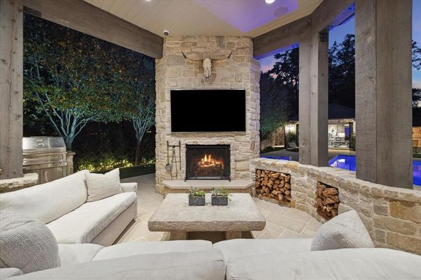 Fireplace, Interior, Living room, Recessed Lighting, Stone Walls