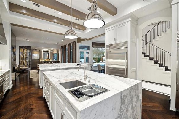 Interior, Kitchen, Pendant Lights, Recessed Lighting, Stainless Steel Appliances, Wooden Beams, Wood Texture Flooring