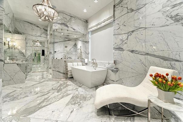 Bathroom, Free Standing Baths, Glass Shower, Interior, Marble, Marble Walls, Pendant Lights, Recessed Lighting