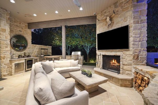 Exterior, Fireplace, Interior, Living room, Recessed Lighting, Stone Walls