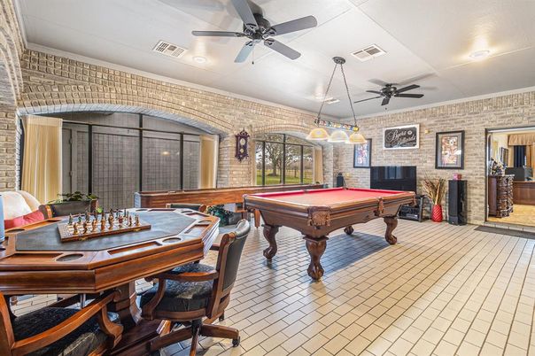 Billiard Table, Game Room, Interior, Pendant Lights, Recessed Lighting, Stone Walls