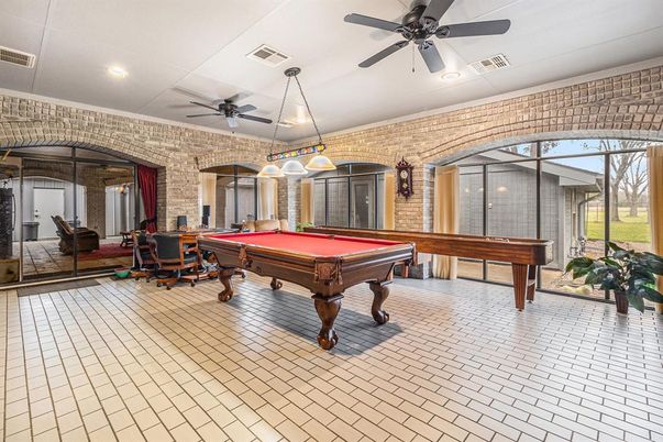 Billiard Table, Game Room, Interior, Pendant Lights, Recessed Lighting, Stone Walls