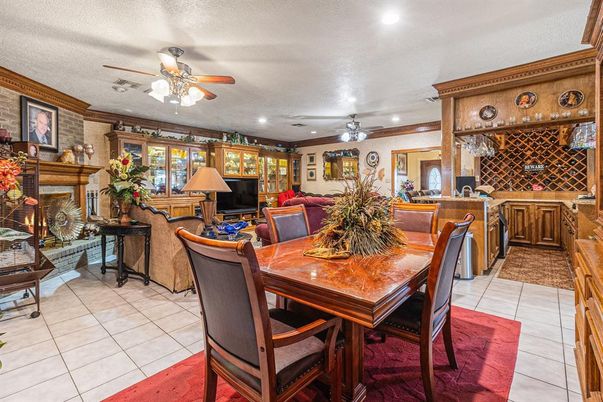 Dining room, Fireplace, Interior, Recessed Lighting