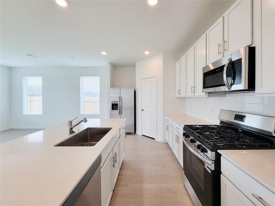 Interior, Kitchen, Recessed Lighting, Stainless Steel Appliances, Wood Texture Flooring